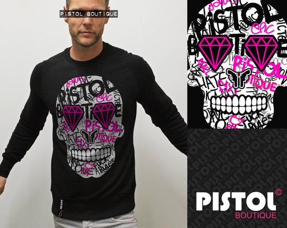 Pistol Boutique mens Black GRAFFITI CANDY SKULL fashion casual Raglan sweatshirt