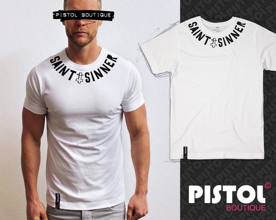 Pistol Boutique mens Black Scoop neck chest SAINT SINNER cross fashion tshirt