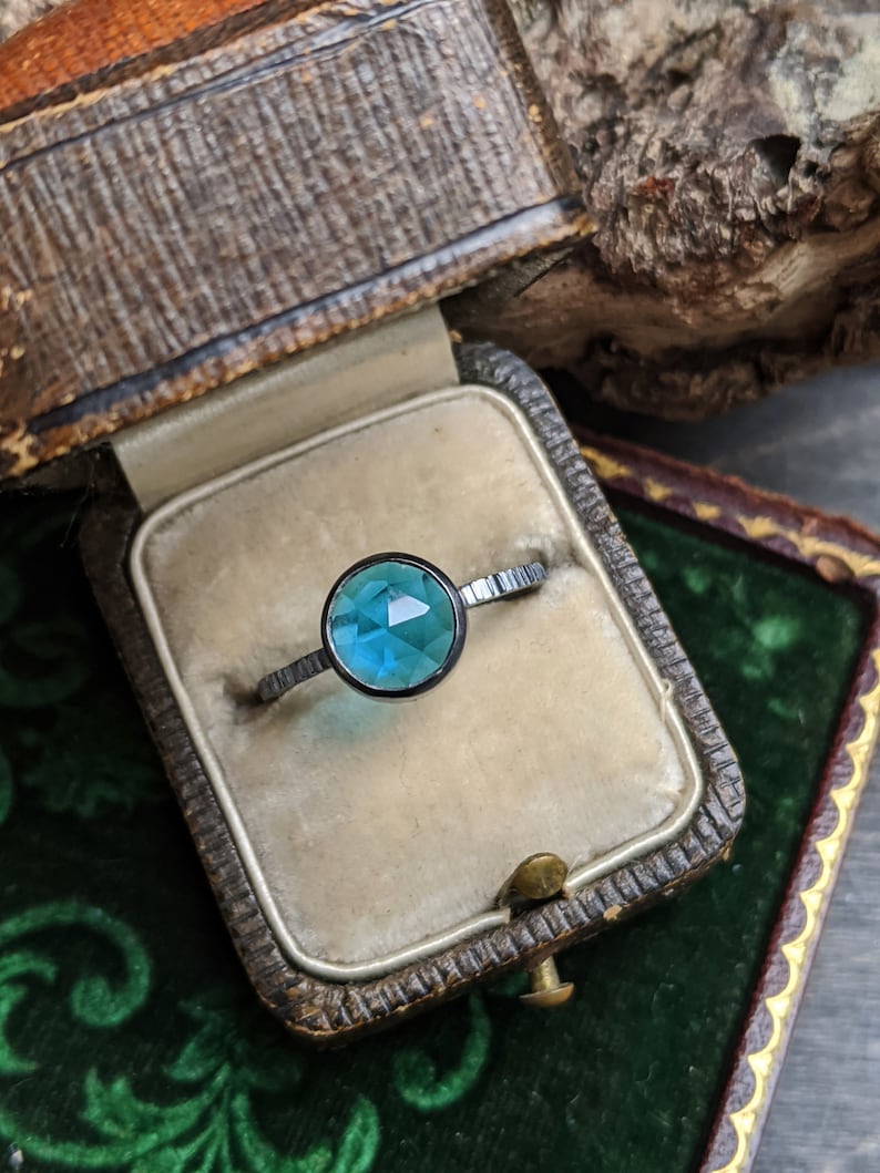 Bright Blue Round Roes Cut Quartz Textured Sterling Silver Ring