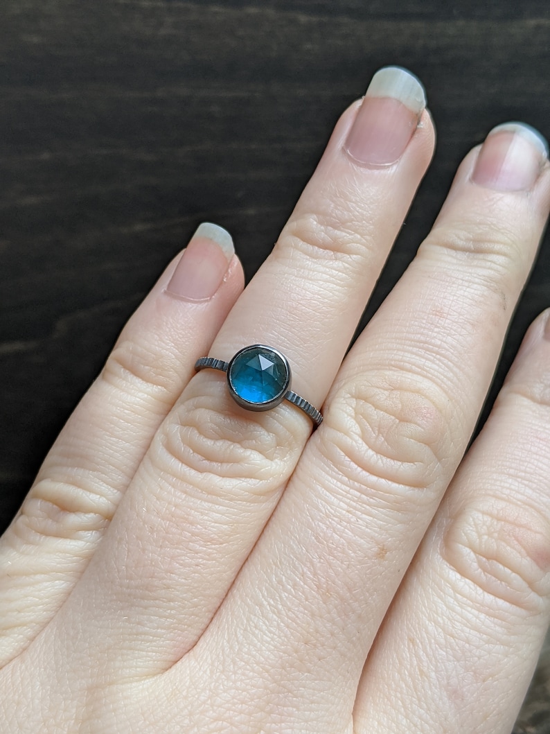 Bright Blue Round Roes Cut Quartz Textured Sterling Silver Ring