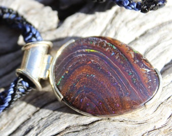 Matrix Koroit BOULDER Opal Pendant Necklace,Australian Fire Opal Jewelry,Sterling Silver Necklace,Macrame Cord, Elven Jewelry