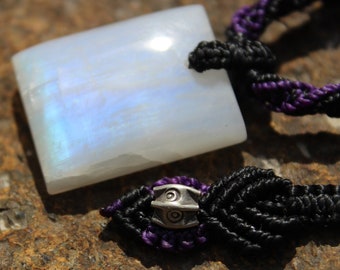 Elven RAINBOW MOONSTONE Necklace,moonstone jewelry,Puple Pendant, Macrame Cord,crystal healing, pixie clothing