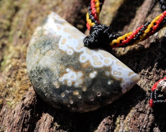 OCEAN JASPER Pendant crystal Necklace, Fossil Coral Gemstone Jewelry,Macrame Cord,beachy beach jewelry, summer jewelry, surfer necklace