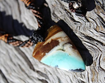 Petrify Blue Opal wood Talisman,Elven Jewelry,Opalized wood, OPAL Pendant,Petrified Wood,Macrame Cord,Hamsa,Nazar