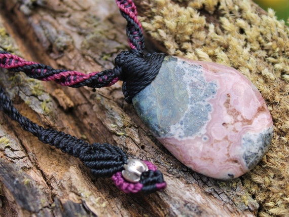 Druzy rhodochrosite pendant, australian made macrame cord, elven rhodochrosite necklace, taurus, october birth stone, raw pink crystal