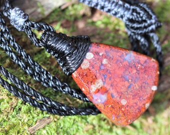 Red Moss Agate Pendant, Macrame cord, medieval necklace,beachy beach jewelry, summer jewelry, surfer necklace,Healing Stone, Celtic Viking