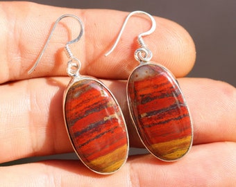 Australian Silver Red Sunset Jasper Earrings, Australian handmade unique crsytal healing jewelry, natural red gemstone cool earrings,