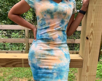 Blue and Yellow Tie Dye dress with chest pocket