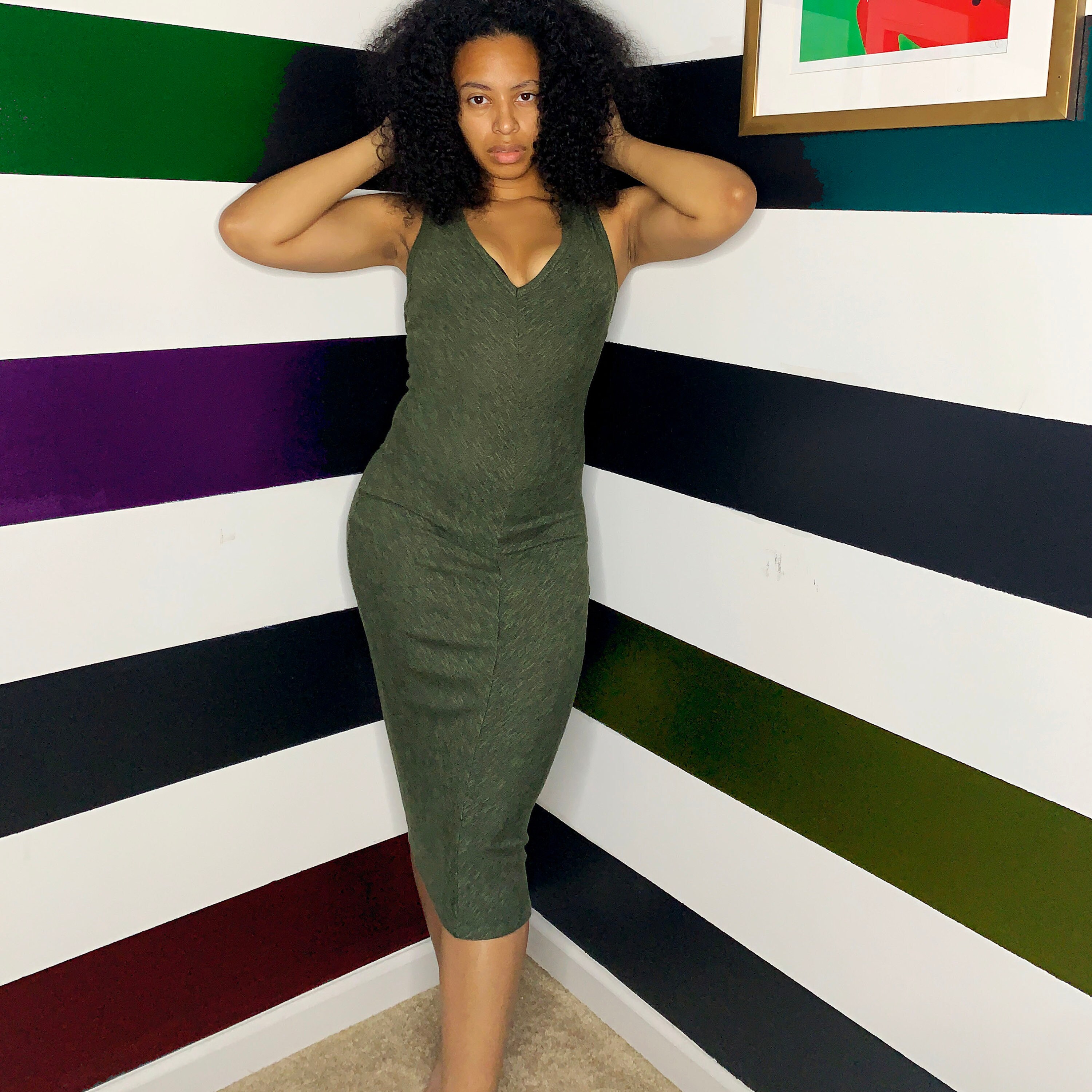 Olive Green Deep V Neck Sleeveless Midi Dress Fitted - Etsy