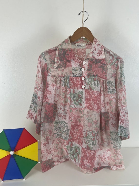 Pink & Green Floral Patchwork Print Vintage Tunic… - image 6