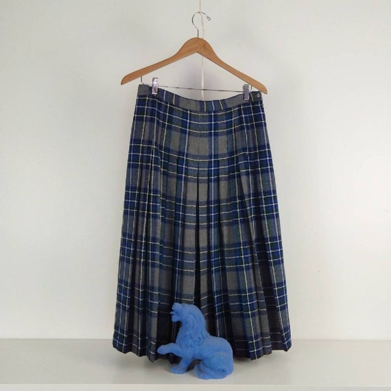 Blue Green Gray Plaid Virgin Wool Glenscot Vintage Pleated Skirt