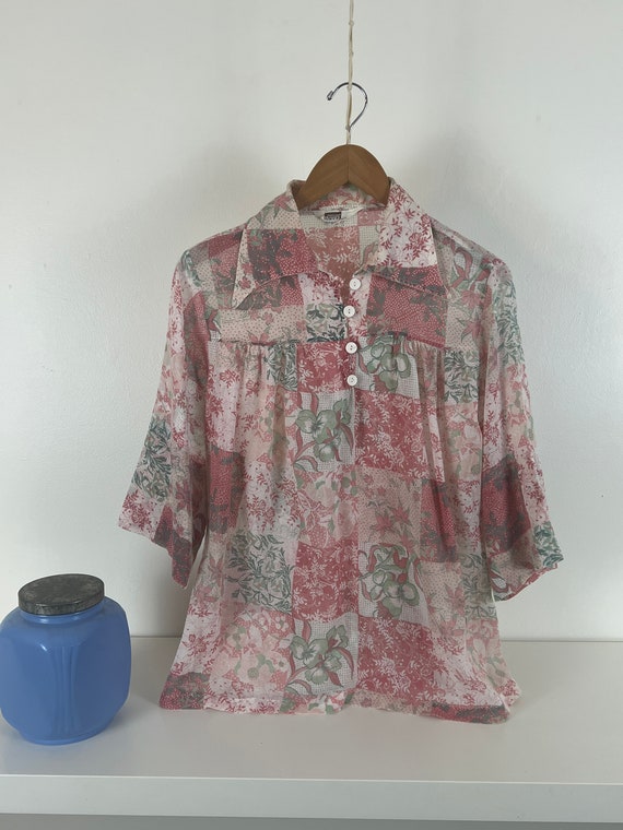 Pink & Green Floral Patchwork Print Vintage Tunic… - image 7