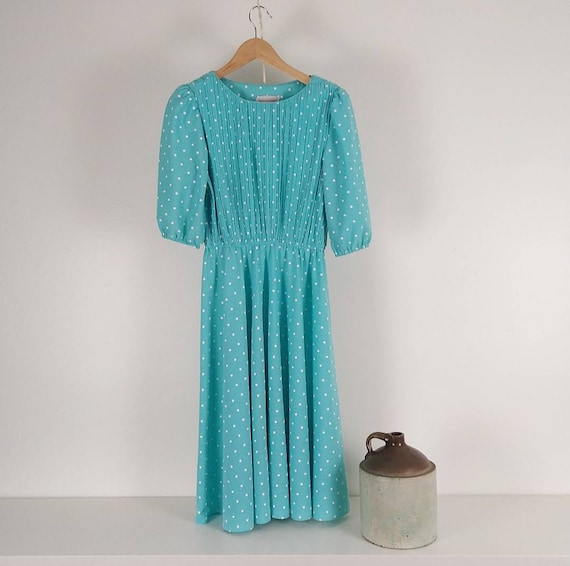 Aqua Blue & White Polkadot Vintage Day Dress - image 1