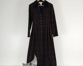 Navy & Earthy Brown Plaid Vintage Ladies Button Front Dress