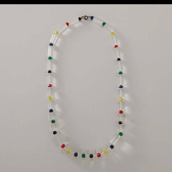 Clear Plastic Barrel & Colorful Bead Vintage Necklace Gem