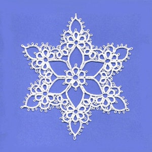 May include: White snowflake-shaped lace doily with a delicate floral design.