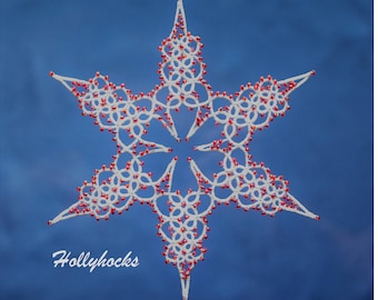 Hollyhocks tatting pattern PDF, tatted in white with beads makes a lovely snowflake