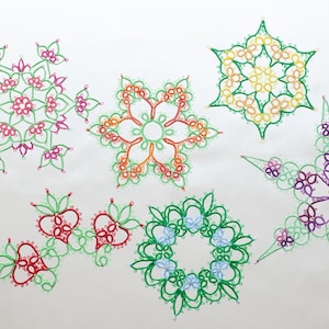 May include: Six delicate crocheted lace doilies in various colours and designs, including green, red, orange, yellow, and purple.