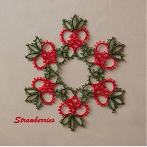 Strawberries tatting pattern PDF, tatted in white with beads makes a lovely snowflake