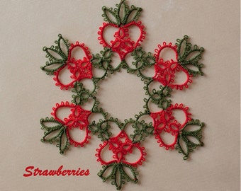 Strawberries tatting pattern PDF, tatted in white with beads makes a lovely snowflake