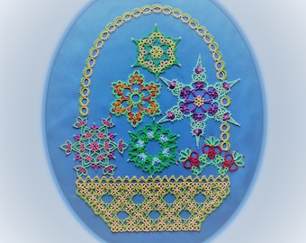 Basket of Flowers tatting pattern PDF, flowers tatted in white, with or without beads, make lovely snowflakes