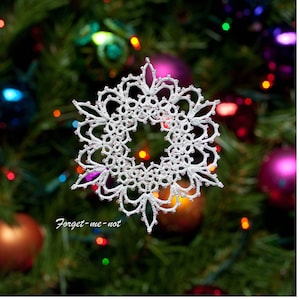 Forget-Me-Not tatting pattern PDF, tatted in white with beads makes a lovely snowflake