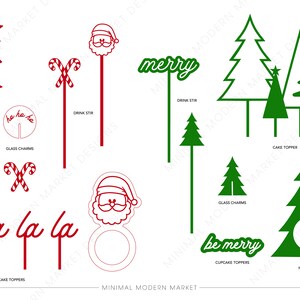 Op de afbeelding: Een set met rode en groene kerstthema-printbare feestversieringen. De set bevat cupcake-toppers, drankroerstaafjes, taarttoppers, servetringen en glazen bedels. De ontwerpen omvatten de kerstman, snoepstokken, kerstboom en de woorden "vrolijk", "wees vrolijk" en "ha ha ha".