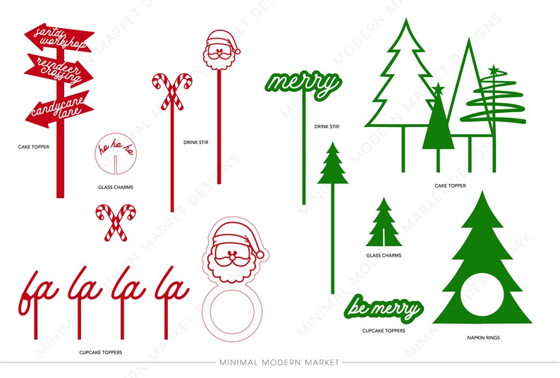 Op de afbeelding: Een set met rode en groene kerstthema-printbare feestversieringen. De set bevat cupcake-toppers, drankroerstaafjes, taarttoppers, servetringen en glazen bedels. De ontwerpen omvatten de kerstman, snoepstokken, kerstboom en de woorden "vrolijk", "wees vrolijk" en "ha ha ha".
