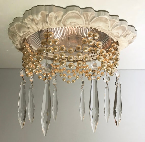 Decorative Recessed Light Trim With 3 Strands Of Cream Pearls And 3 U Drop Crystals