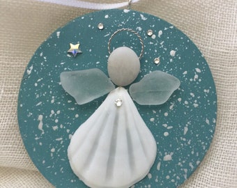 shell ornament/ sea glass ornament/ shell angel ornament/white shell angel/christening angel