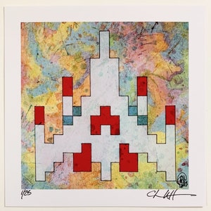 May include: A watercolor painting of a pixelated spaceship in red, white, and blue on a colorful background. The artwork is signed "CLWH" and numbered "1/25".