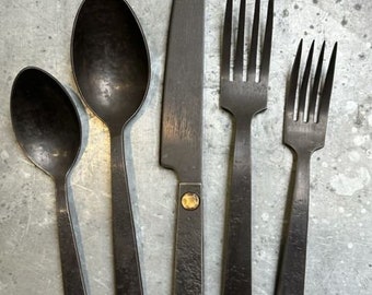 Jefferson Mack Rivet Flatware, forged silverware, stainless eating utensils, rustic place settings, hammered forks spoons knife