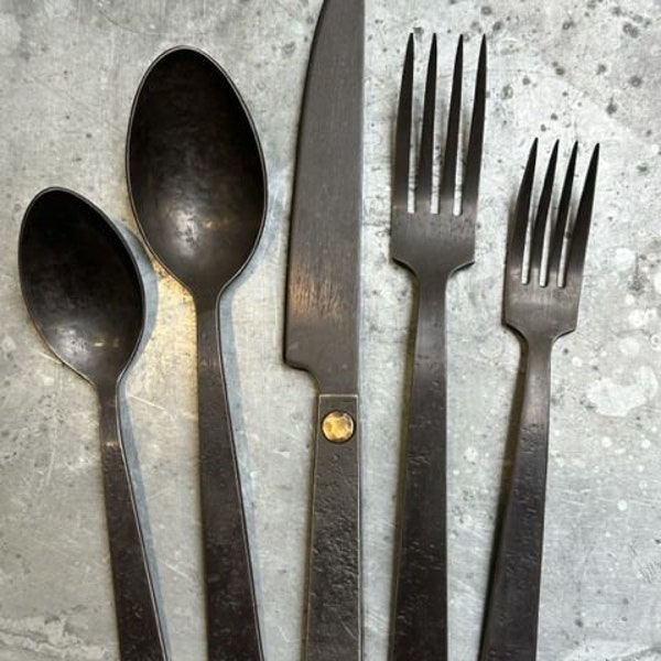 Jefferson Mack Rivet Flatware, forged silverware, stainless eating utensils, rustic place settings, hammered forks spoons knife