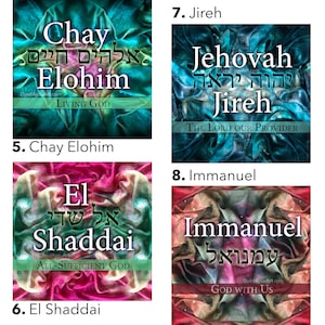 May include: Four colorful images with Hebrew text and English translations. The images are of fabric with a tie-dye effect. The text is in a white font. The first image is blue and green and says "Chay Elohim" which translates to "Living God". The second image is blue and green and says "Jehovah Jireh" which translates to "The Lord Our Provider". The third image is pink and red and says "El Shaddai" which translates to "All-Sufficient God". The fourth image is red and brown and says "Immanuel" which translates to "God With Us".