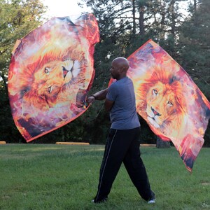 May include: A person is holding two fabric flags with a lion image on them. The flags are orange, red, and yellow with a fiery background. The person is wearing a gray shirt and black pants.