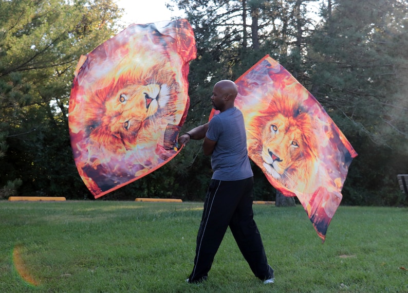 May include: A person is holding two fabric flags with a lion image on them. The flags are orange, red, and yellow with a fiery background. The person is wearing a gray shirt and black pants.