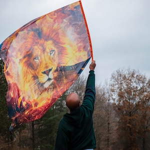 May include: A person holds a large flag with a lion's face printed on it. The lion is surrounded by flames and the flag is orange, red, and yellow.
