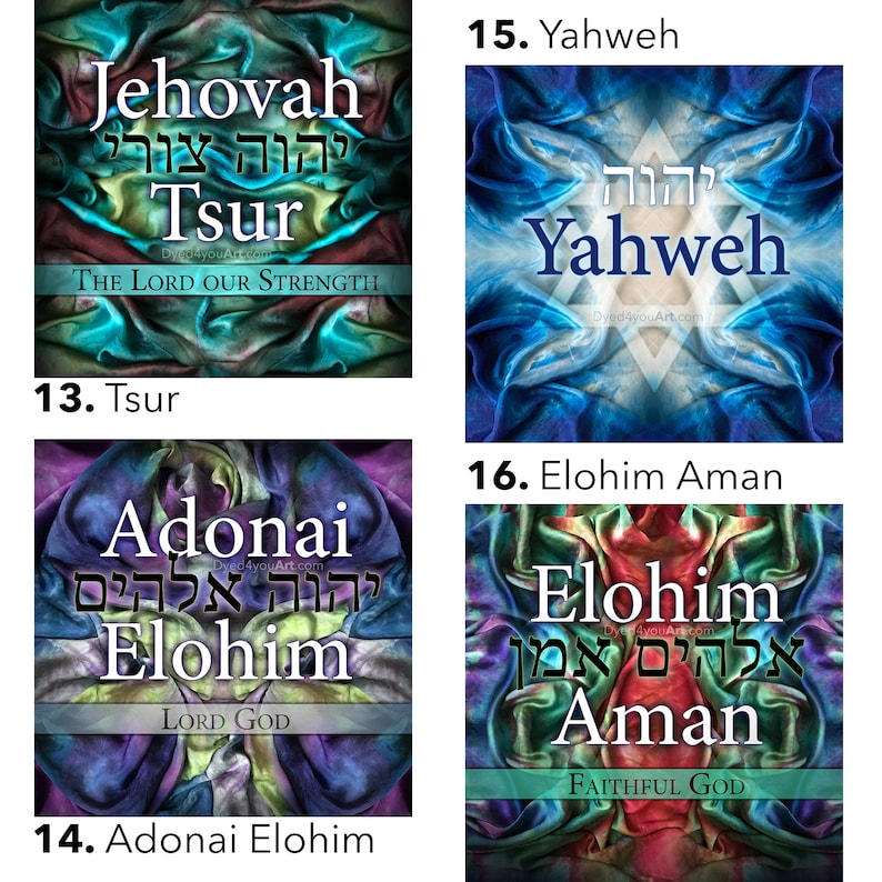 May include: Four colorful digital art prints with Hebrew text and English translations. The prints feature the names of God in Hebrew and English, including "Jehovah Tsur", "Yahweh", "Adonai Elohim", and "Elohim Aman".