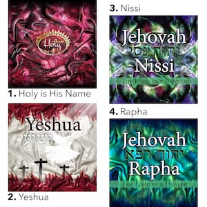 May include: Four digital art prints featuring Hebrew text and English translations. The prints are in a collage format with a red, white, and blue color scheme. The text on the prints reads: "Holy is His Name", "Yeshua", "Jehovah Nissi The Lord Our Banner", and "Jehovah Rapha The Lord Our Healer".