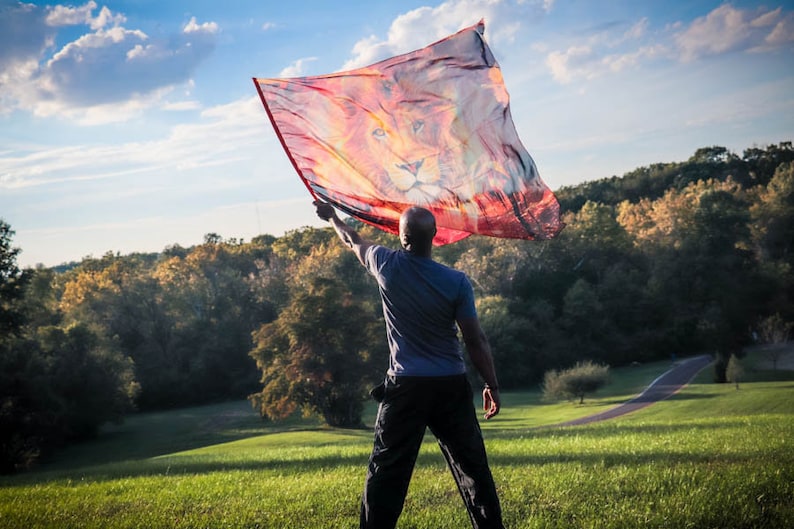 May include: A person holds a large, colorful flag with a lion's face printed on it. The flag is waving in the wind, and the person is standing in a grassy field with trees in the background.