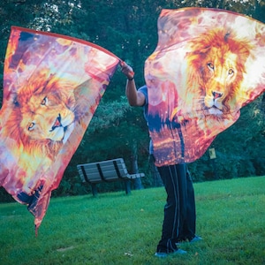 May include: A person holding two colorful fabric flags with lion images. The flags are flowing in the wind. The flags are a mix of orange, yellow, red, and blue colors.