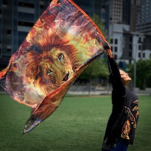 May include: A woman holds a large, flowing fabric flag with a lion's face printed on it. The flag is orange, yellow, and red with a swirling, abstract design. The lion's face is detailed and realistic, with a fierce expression.