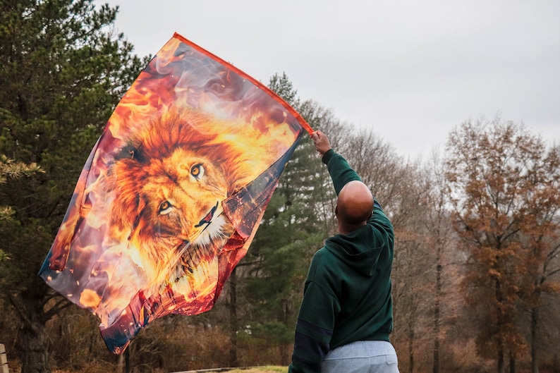 May include: A person holds a flag with a lion's face in flames. The flag is orange, yellow, and red. The person is wearing a green hoodie and grey pants. The background is a blurry forest.