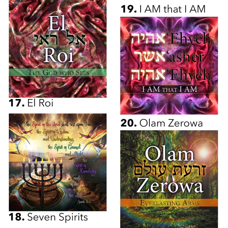 May include: Four colorful images with Hebrew text and English translations. The images are titled "El Roi", "Seven Spirits", "I AM that I AM", and "Olam Zerowa".