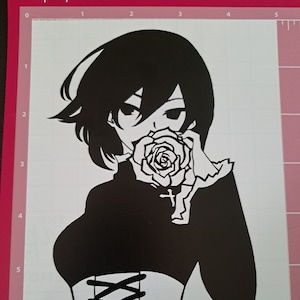 May include: Black and white silhouette of a person with long hair holding a rose. The person is wearing a corset and a long-sleeved shirt. The text "Black" is printed below the image.