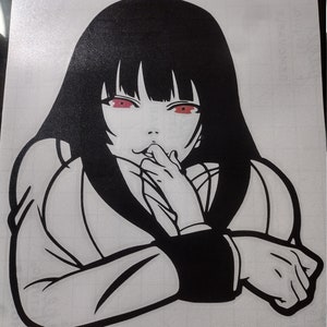 May include: Black and white illustration of a woman with long black hair, wearing a white collared shirt and a black jacket. She has red eyes and is holding her hand to her mouth.