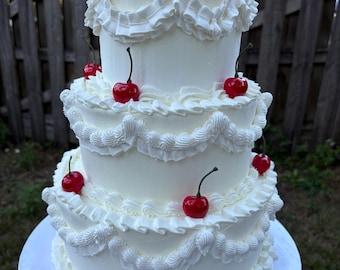 Vintage Design Fake Cake, Rush Order, Ships within 24 hours, Three Tiers, Lambeth, Piped Ruffles, Cherries, Display Prop (Non-Edible)