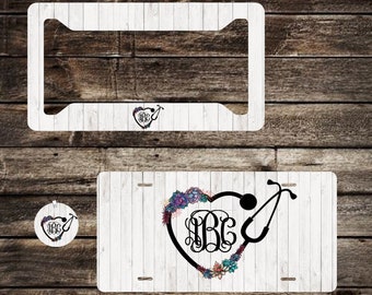 Heart Stethoscope Monogram License Plate, Personalized License Plate, nurse License Plate Frame, Custom car tag, Nurse Monogram CarTag, 113