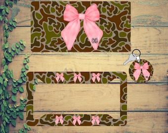 Old school Camo pink bow car tag, Personalized License Plate, Pink Coquette Bow car frame, hunting gifts for her, car front plate CC2