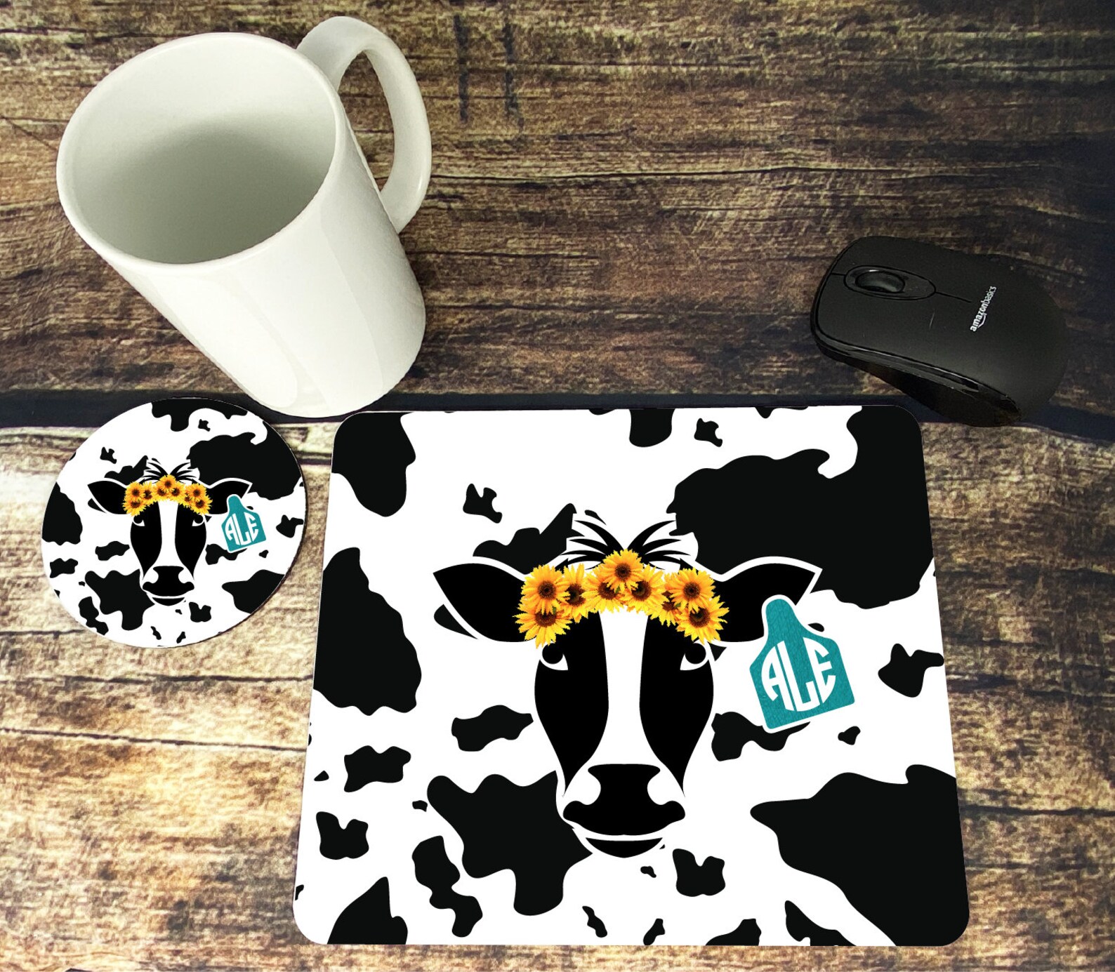 Mouse Rug Coasters Personalized Mouse Pad and Coaster Set Cow Print Sunflower - Etsy